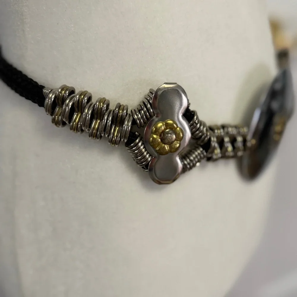 Vintage 80s‎ Black Cord Belt Silver Coil Spring Chain Disc Flower Made Korea